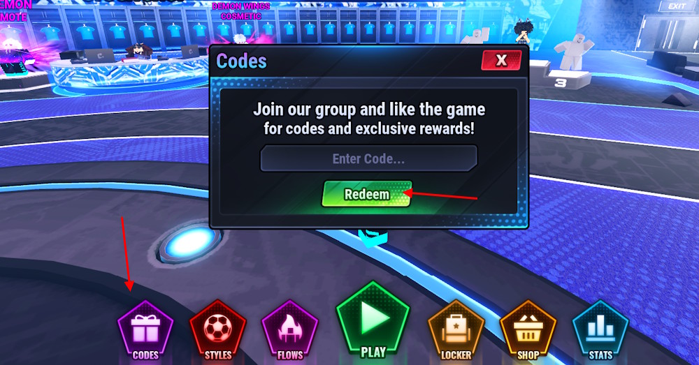 Soccer Zero codes redeem screen showing the Codes gift button, code input, and Redeem button